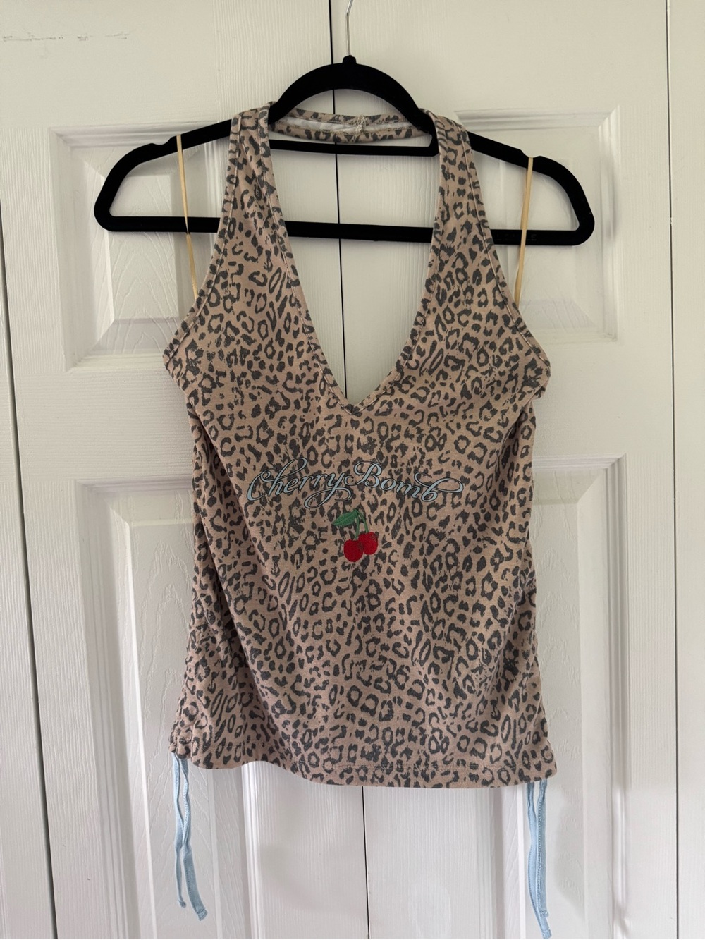 Leopard Print V-Neck HalterTop with Cherry Motif